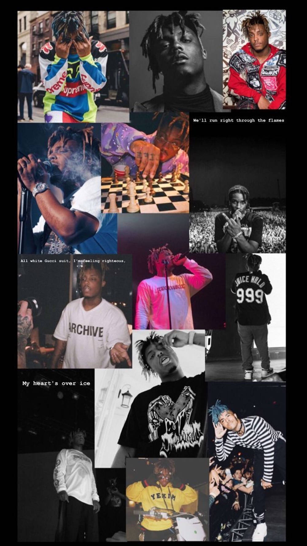 說唱歌手 XXXTentacion 在街頭服飾和表演時刻的拼貼畫，帶有文字疊加。 — Juice Wrld 壁紙