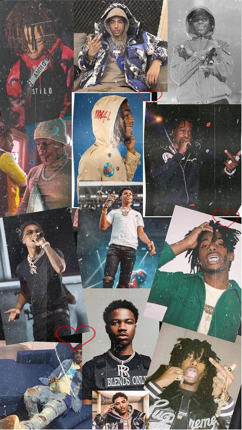 嘻哈 桌布 壁紙 — 一張充滿活力的拼貼畫，展示說唱歌手 Lil Uzi Vert 在不同場景和燈光條件下的各種姿勢和服裝。