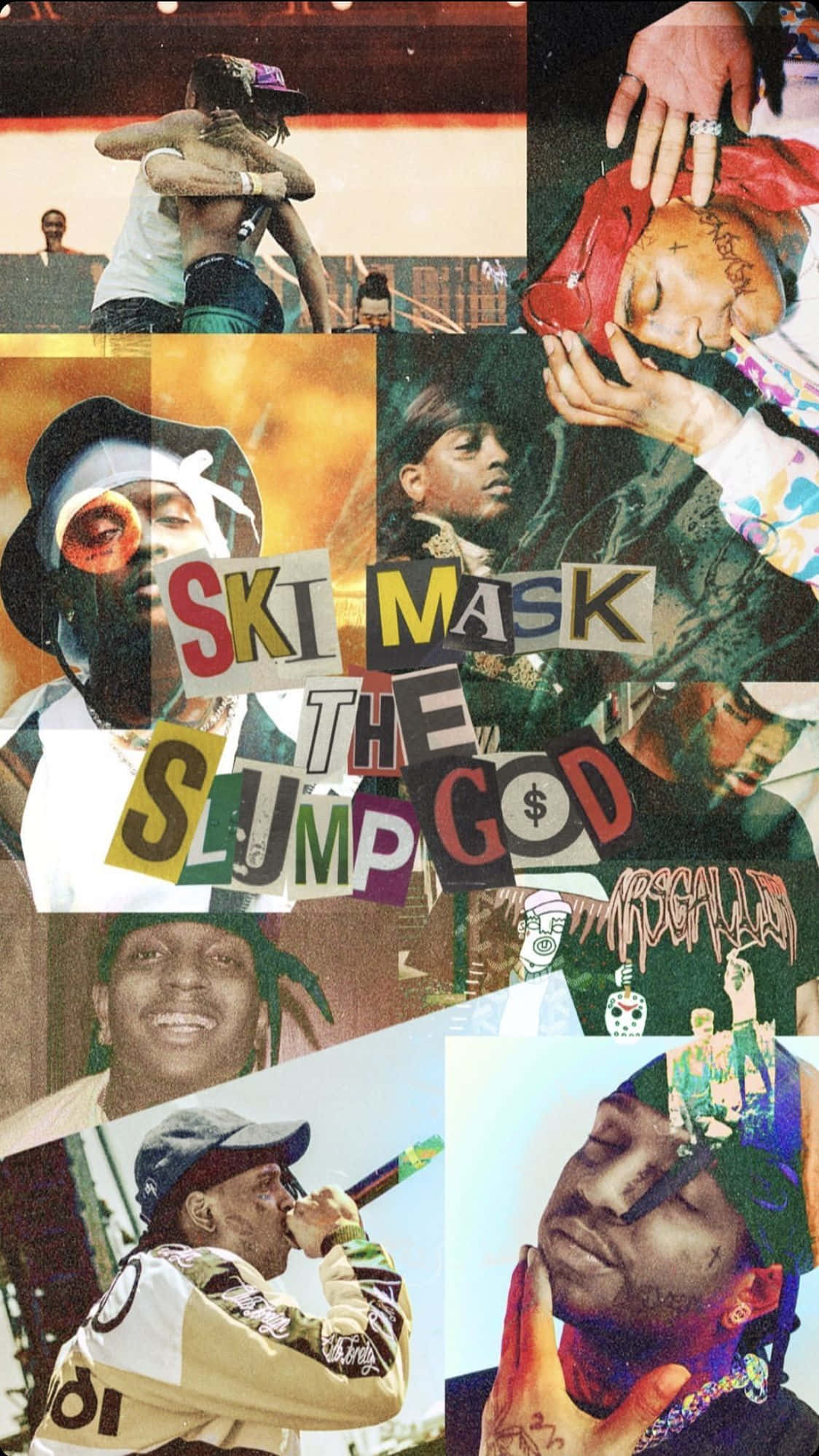 桌布 壁紙 — 一張充滿活力的拼貼畫，展示說唱歌手Ski Mask The Slump God的多種姿勢和服裝，並帶有粗體文字疊加。