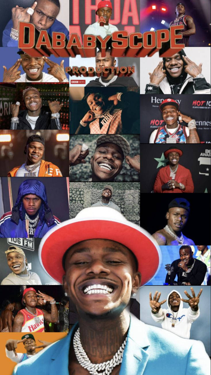 Rappers 桌布 壁紙 — 一張充滿活力的拼貼畫，展示饒舌歌手DaBaby以各種姿勢和服裝，戴著紅白帽子和鑽石項鍊，露出燦爛笑容。