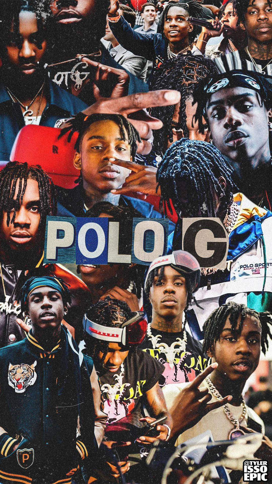 Polo 桌布 壁紙 — 一張充滿活力的拼貼畫，展示饒舌歌手Polo G的多種姿勢和服裝，並帶有粗體文字疊加。