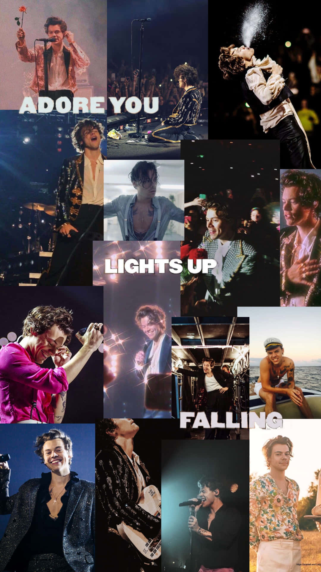 Harry Styles Collage 桌布 壁紙 — 一張充滿活力的拼貼畫，捕捉哈利·斯泰爾斯在動感演唱會時刻和自然場景中的身影，在舞台燈光與海洋日落中閃耀。