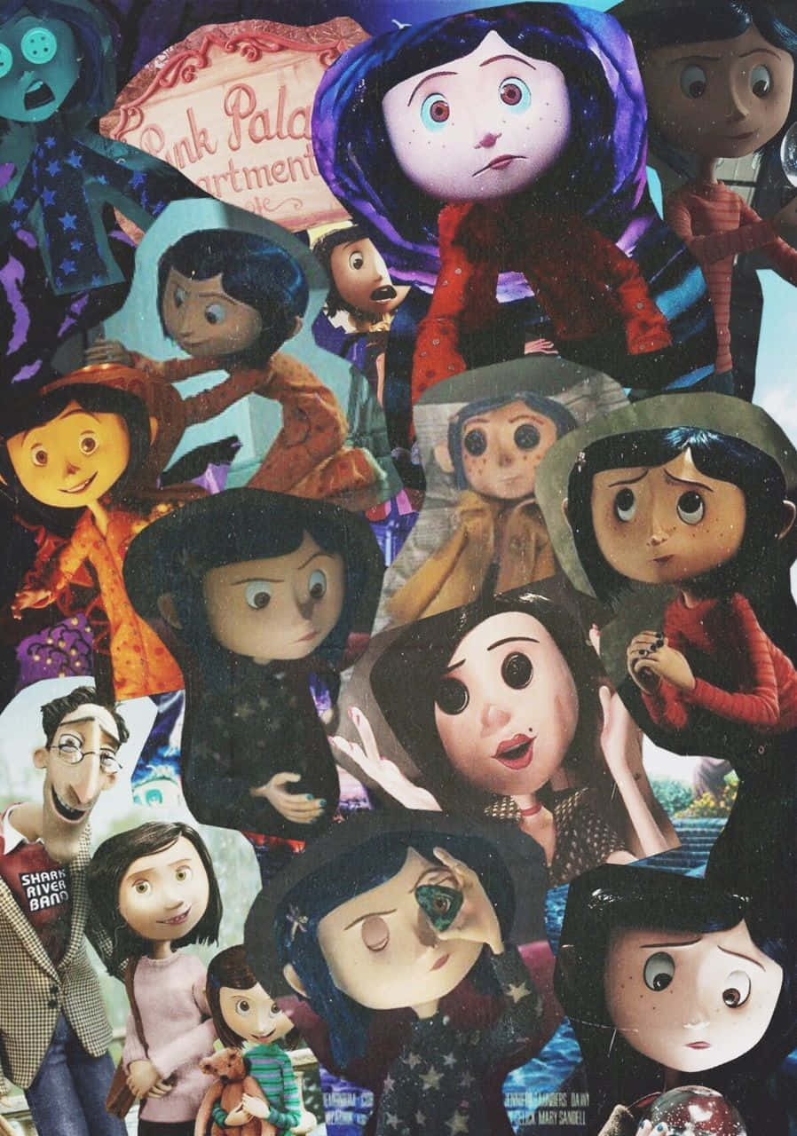 卡洛琳 桌布 壁紙 — 一張充滿活力的拼貼畫，描繪《Coraline》中的動畫角色，表情豐富，服飾色彩繽紛，背景奇幻。