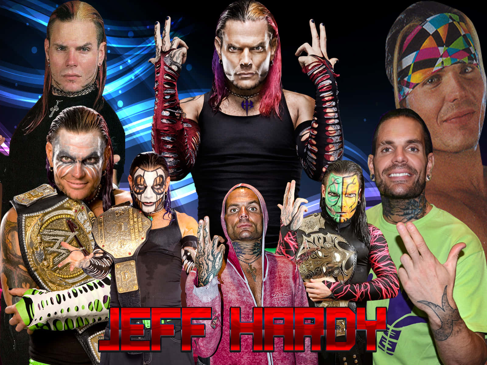 摔角 桌布 壁紙 — 一張充滿活力的拼貼畫，描繪 Jeff Hardy 以多種摔角角色、冠軍腰帶和戲劇化妝容，在發光的藍色背景前。