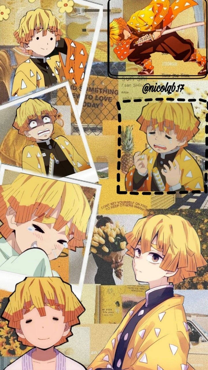 善逸 桌布 壁紙 — 一張充滿活力的拼貼畫，描繪動漫角色我妻善逸穿著他標誌性的黃色外套，擺出各種富有表現力的姿勢。