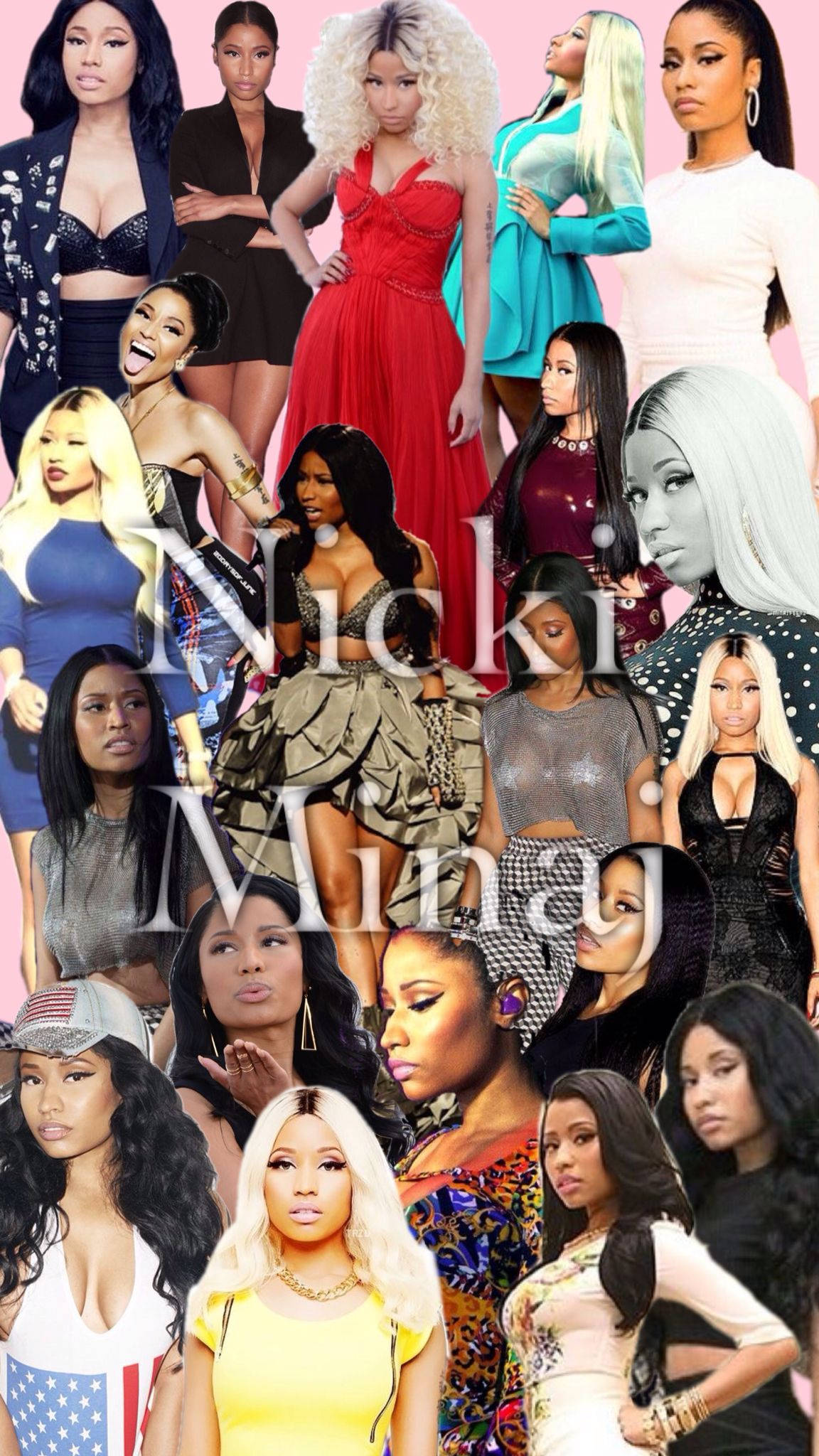 Nicki 桌布 壁紙 — 一張充滿活力的拼貼畫，描繪妮琪·米娜（Nicki Minaj）在粉紅色背景前穿著各種大膽服裝和姿勢。