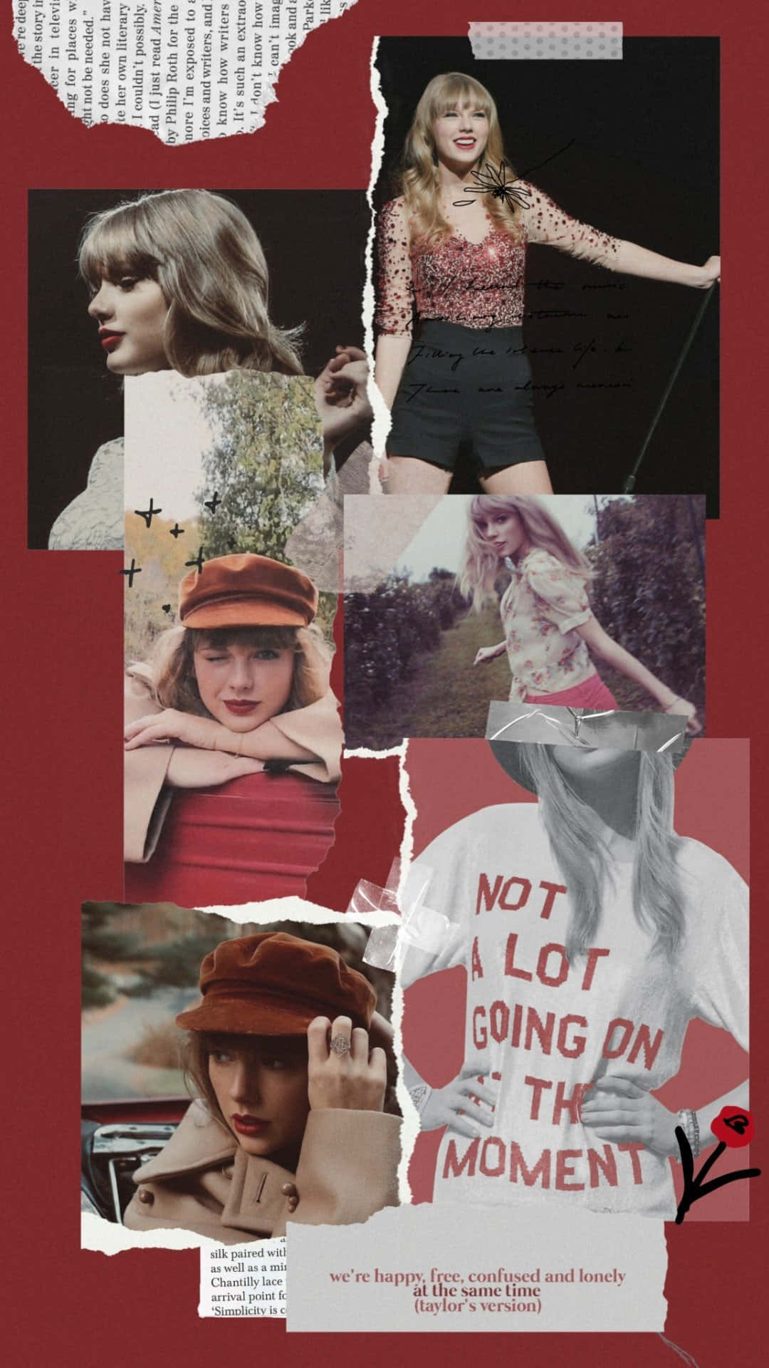 Red Taylors Version 桌布 壁紙 — 一張充滿活力的拼貼畫，由Taylor Swift的照片撕碎並層疊在深紅色背景上，帶有手寫文字和花卉點綴。