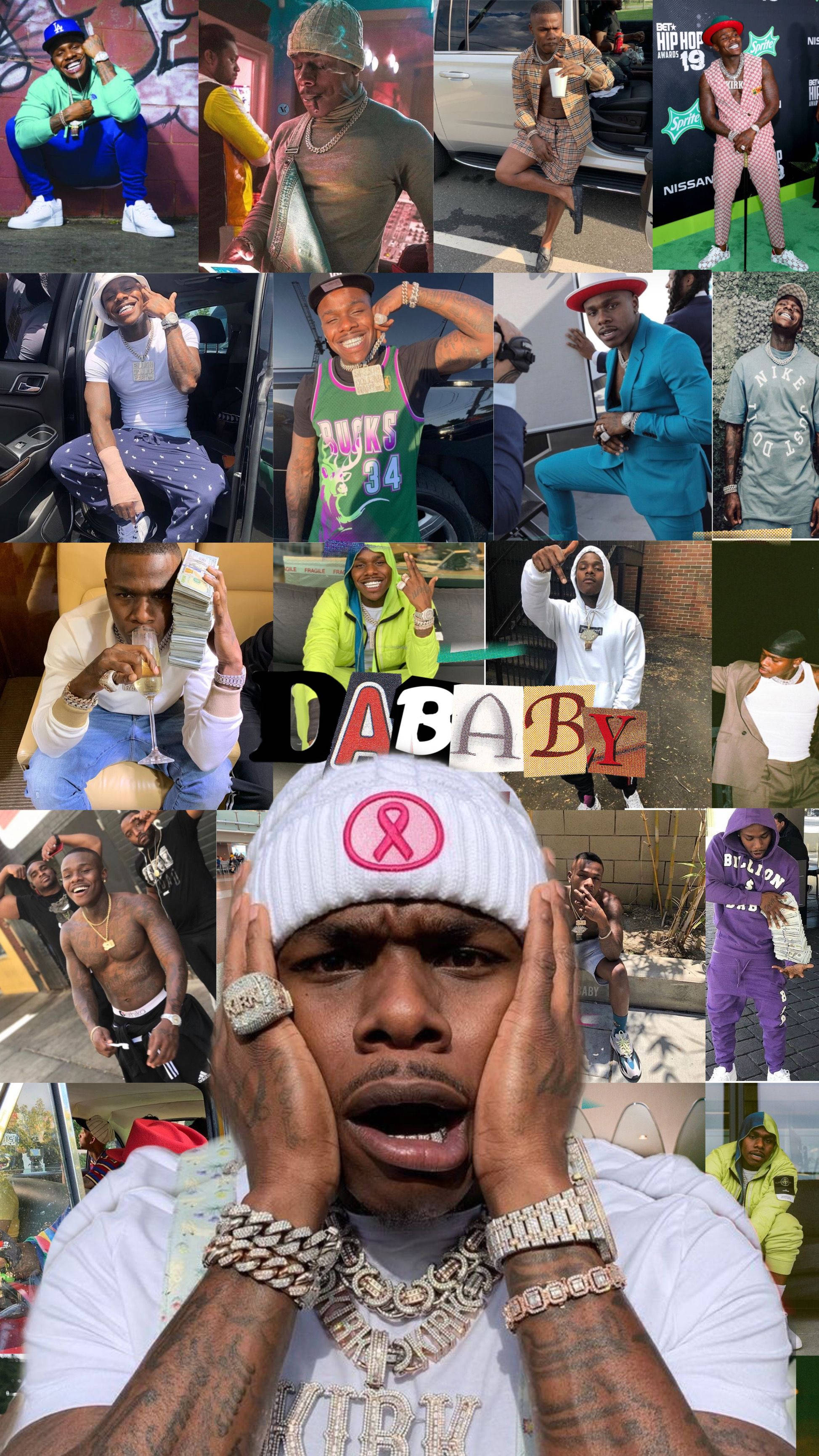 Dababy Phone 桌布 壁紙 — 一張充滿活力的拼貼畫，說唱歌手DaBaby穿著各種色彩繽紛的服裝，在城市環境中自信地擺姿勢。