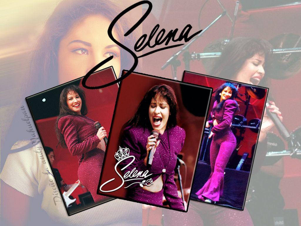Selena Quintanilla 桌布 壁紙 — 一張充滿活力的拼貼畫，顯示Selena在舞台上穿著閃閃發光的紫色服裝，配合戲劇性的燈光，她的名字橫跨圖像。