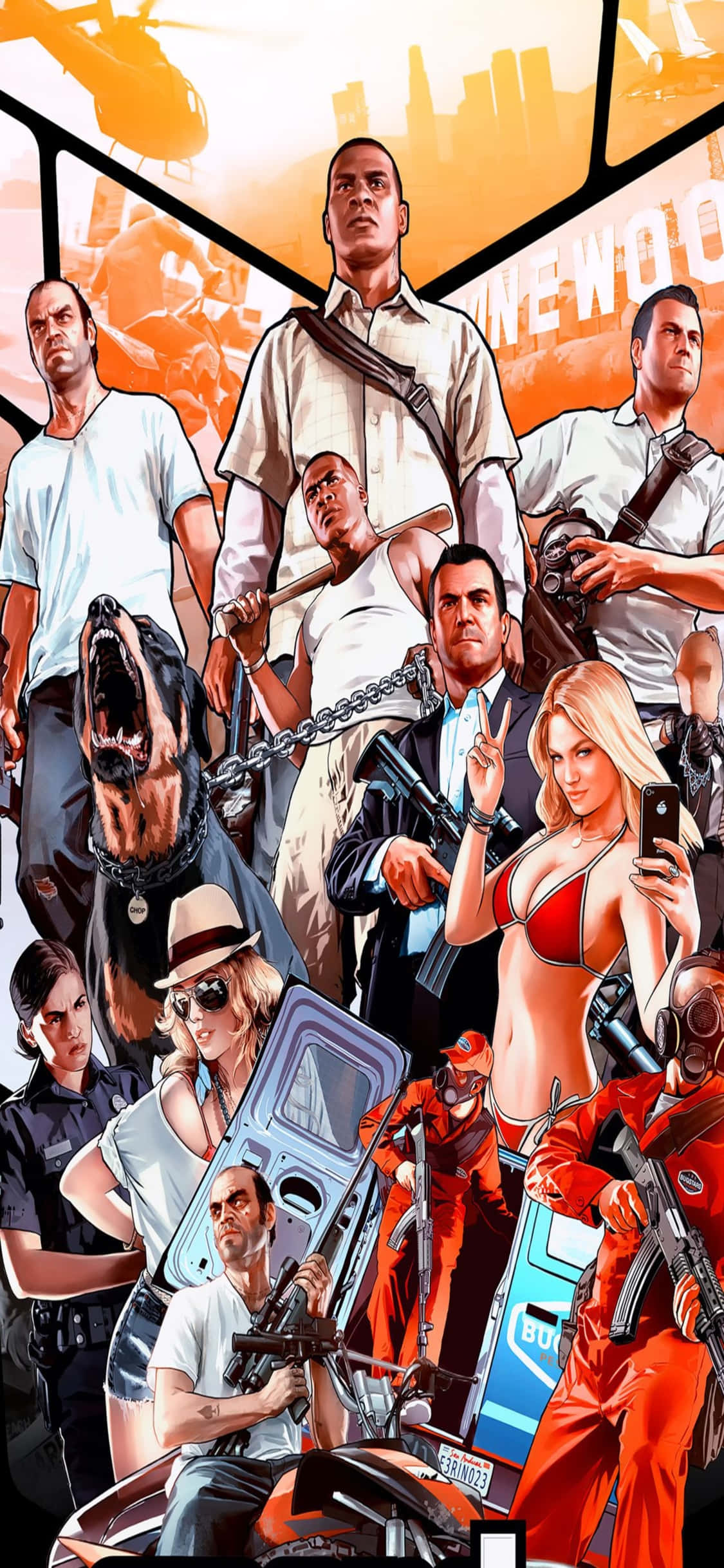 Grand Theft Auto V 桌布 壁紙 — 一張充滿活力的插圖海報，展示多個來自GTA的角色，手持武器，一隻狗，以及橙色調的城市天際線。