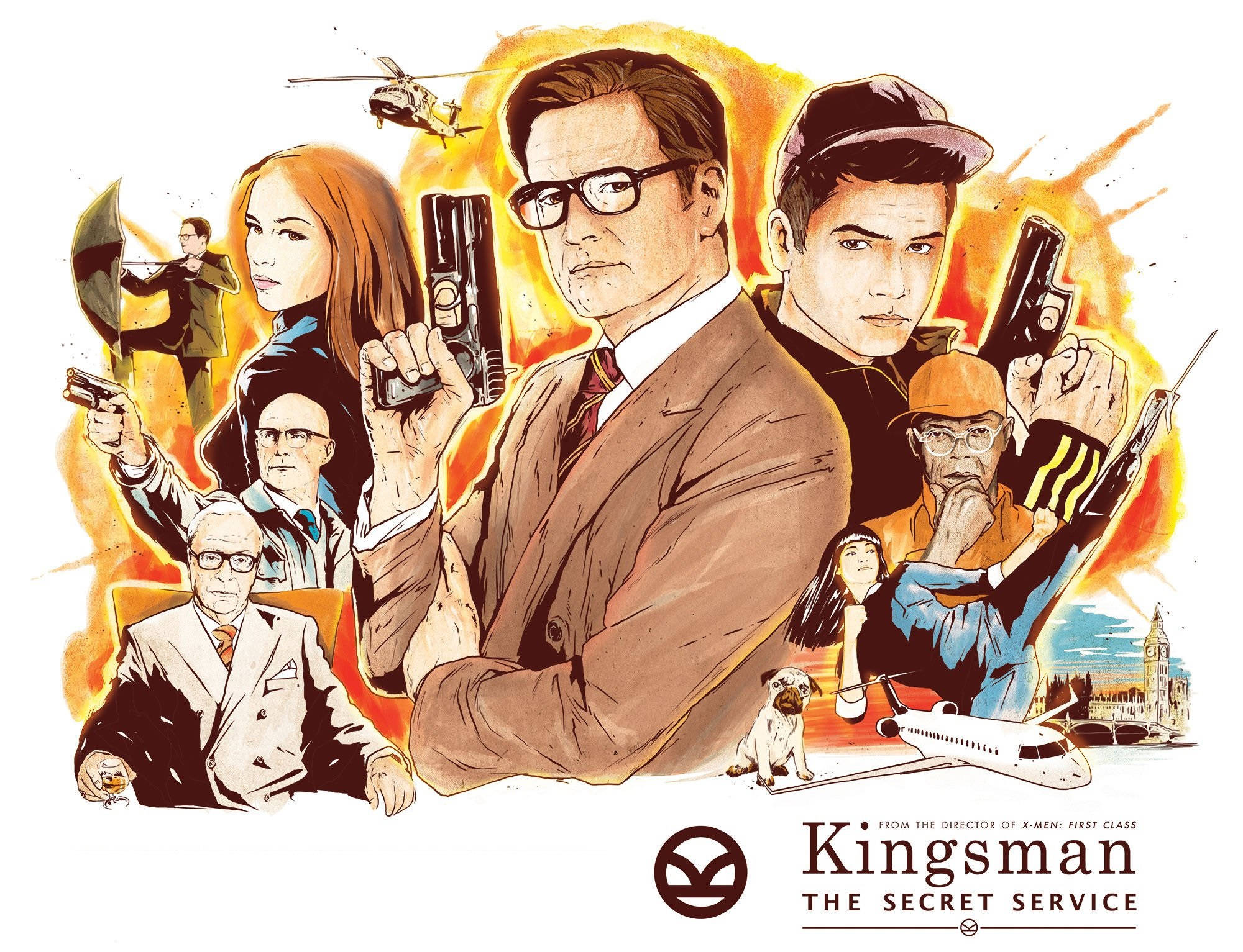 電影動圖 桌布 壁紙 — 一張充滿活力的插圖海報，描繪身穿西裝的 Kingsman 特工在熾熱橙色背景中持槍，背景有直升機和倫敦天際線。