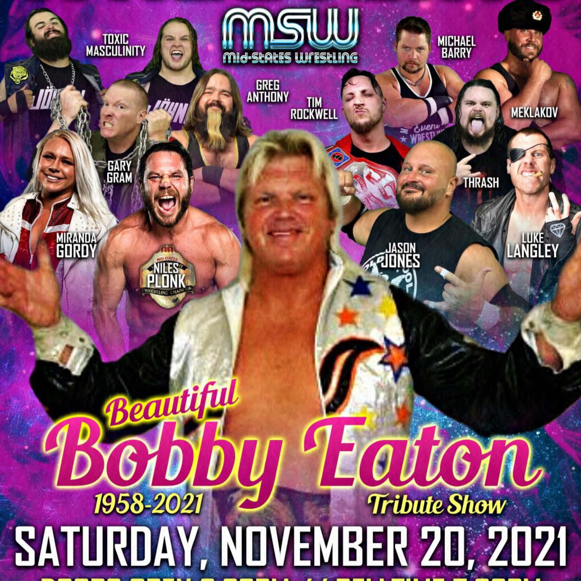 poster 桌布 壁紙 — 一張充滿活力的摔角致敬海報，以 Bobby Eaton 為中心，周圍環繞著其他摔角手，背景是宇宙紫色。