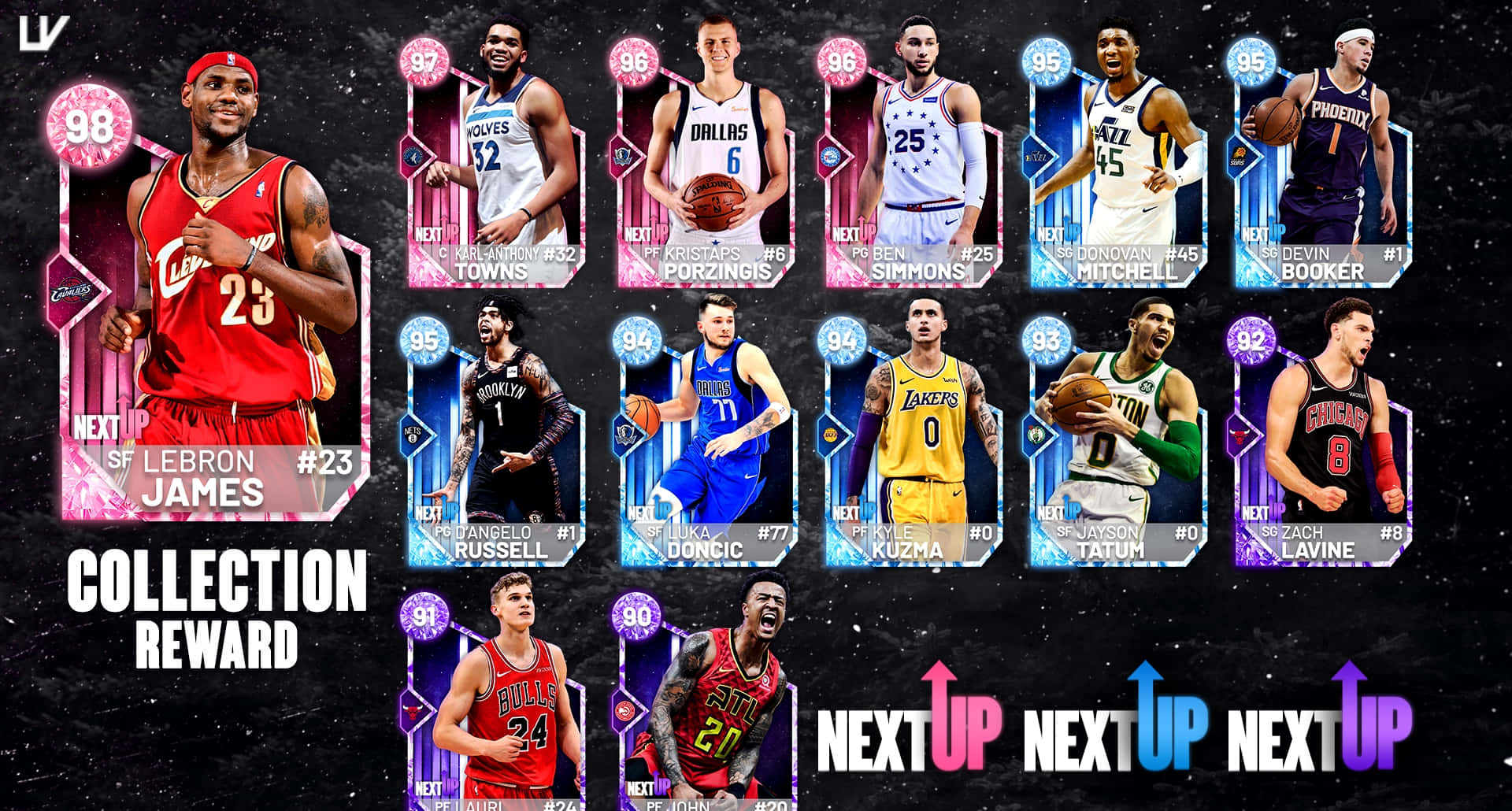 NBA 2k20 桌布 壁紙 — 一張充滿活力的數位拼貼畫，NBA球員卡在星光宇宙背景上閃耀著評分。