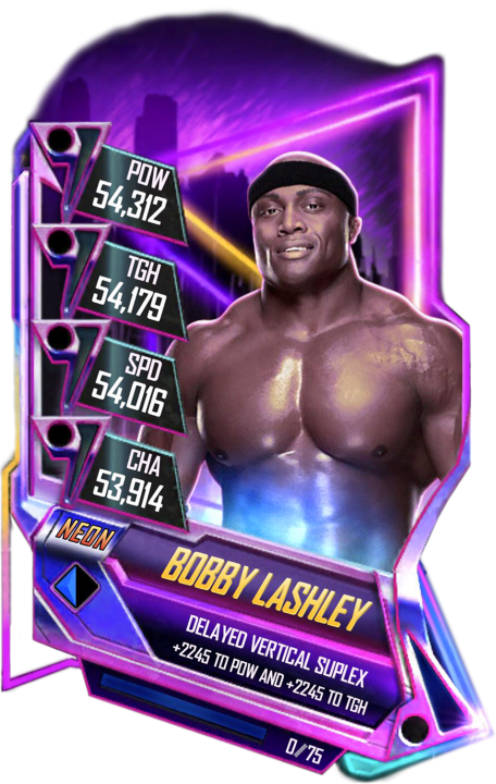 bobby 桌布 壁紙 — 一張充滿活力的數位摔角卡， featuring Bobby Lashley，帶有發光的統計數據，背景為霓虹紫色和藍色的未來風格。