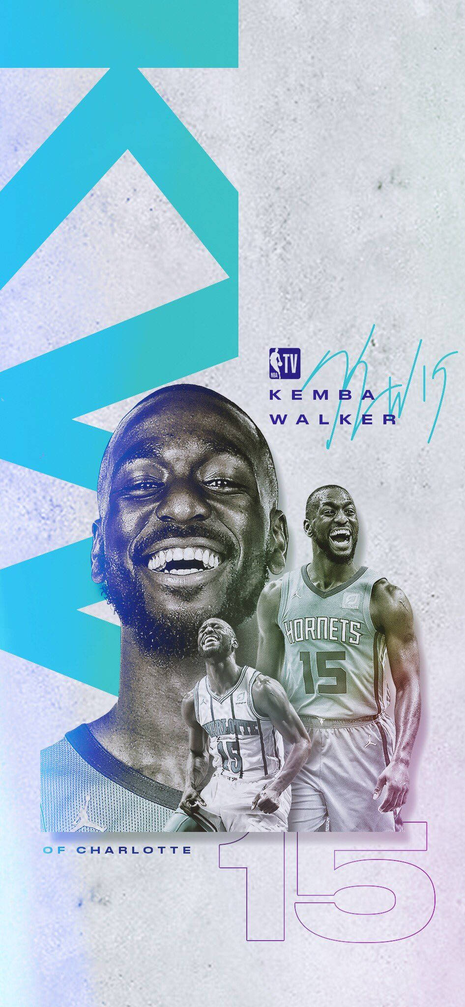 Kemba Walker 桌布 壁紙 — 一張充滿活力的數位桌布，展示籃球運動員Kemba Walker多個動態姿勢，附有他的簽名和球隊品牌標誌。
