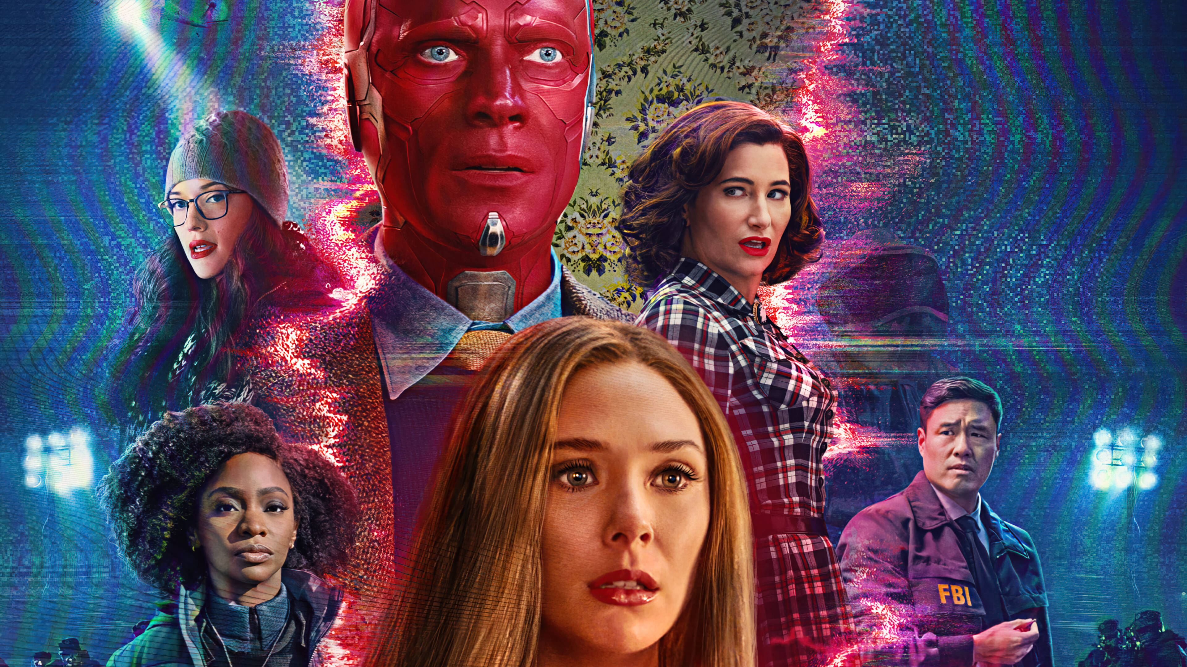 Marvel Aesthetic 桌布 壁紙 — 一張充滿活力的數位海報，以迷幻背景為襯，展現六個帶有發光能量效果的角色。
