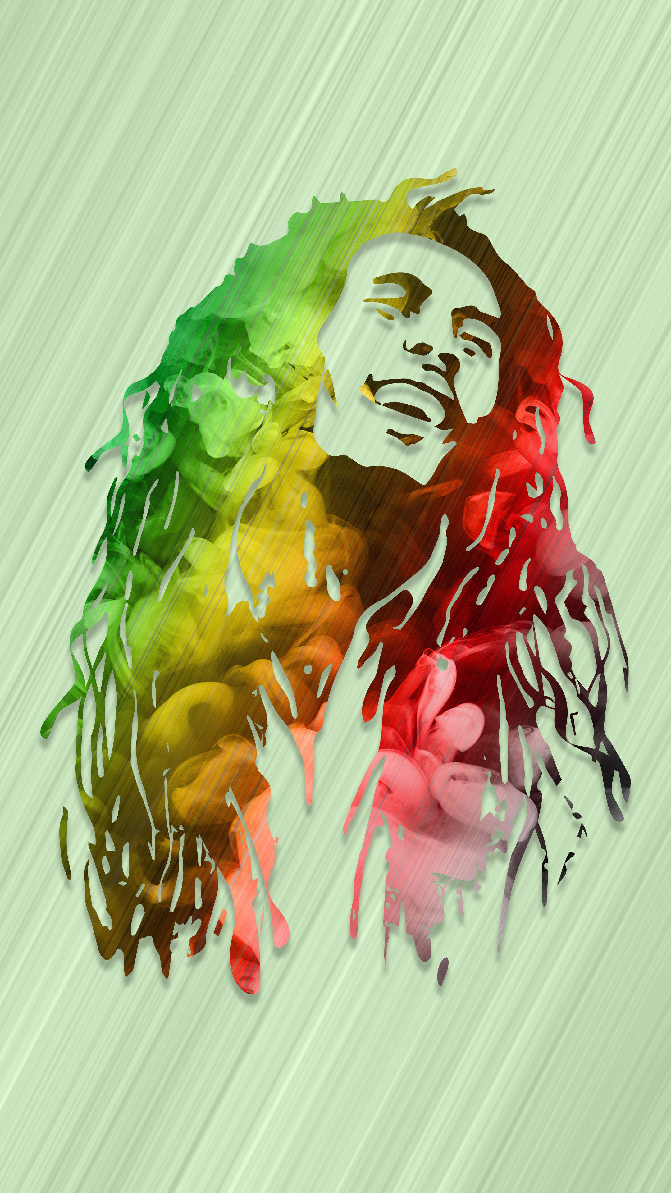 Bob Marley 桌布 壁紙 — 一張充滿活力的數位肖像，描繪了巴布·馬利（Bob Marley）標誌性的辮子在薄荷色條紋背景上以流動的拉斯塔法里色彩呈現。