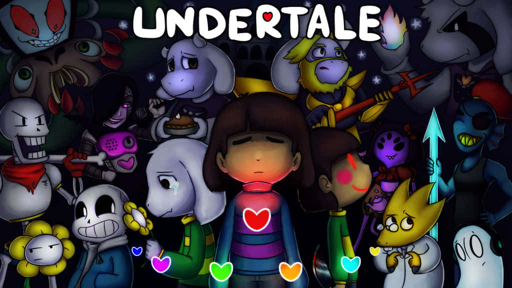 Undertale Desktop 桌布 壁紙 — 一張充滿活力的數位藝術桌布， featuring Undertale 角色聚集在一個帶有發光心臟的中心人物周圍。