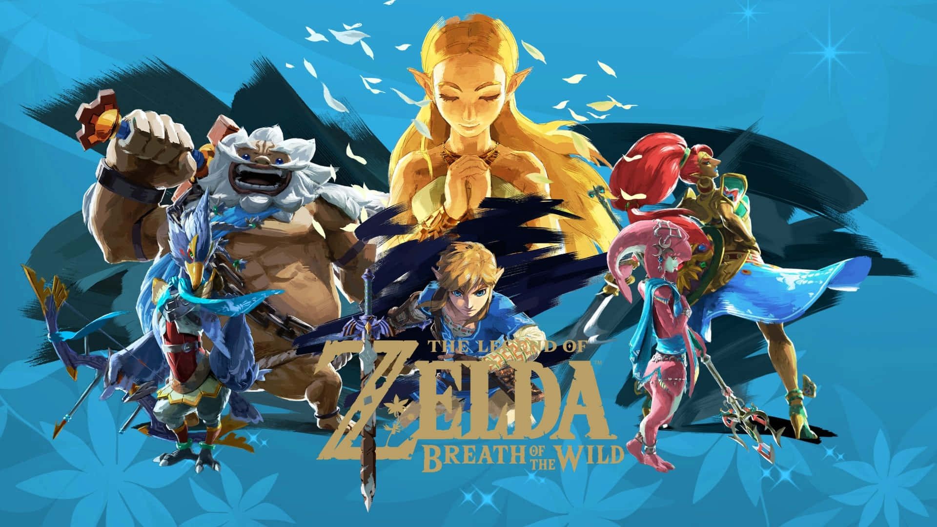 The Legend Of Zelda Revali 桌布 壁紙 — 一張充滿活力的數位藝術海報，以《薩爾達傳說 曠野之息》的關鍵角色為特色，背景為風格化的藍色和星爆效果。