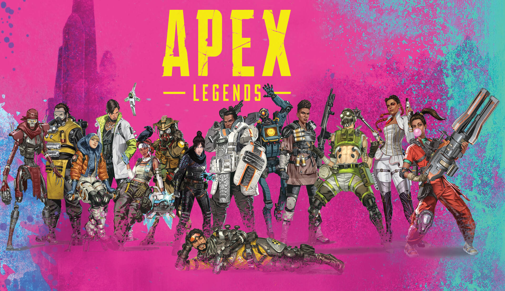 Cool Apex Legends 桌布 壁紙 — 一張充滿活力的數位藝術海報，以Apex Legends多元化的裝甲角色為特色，在粉紅色和藍綠色的潑濺背景上動態擺姿勢。