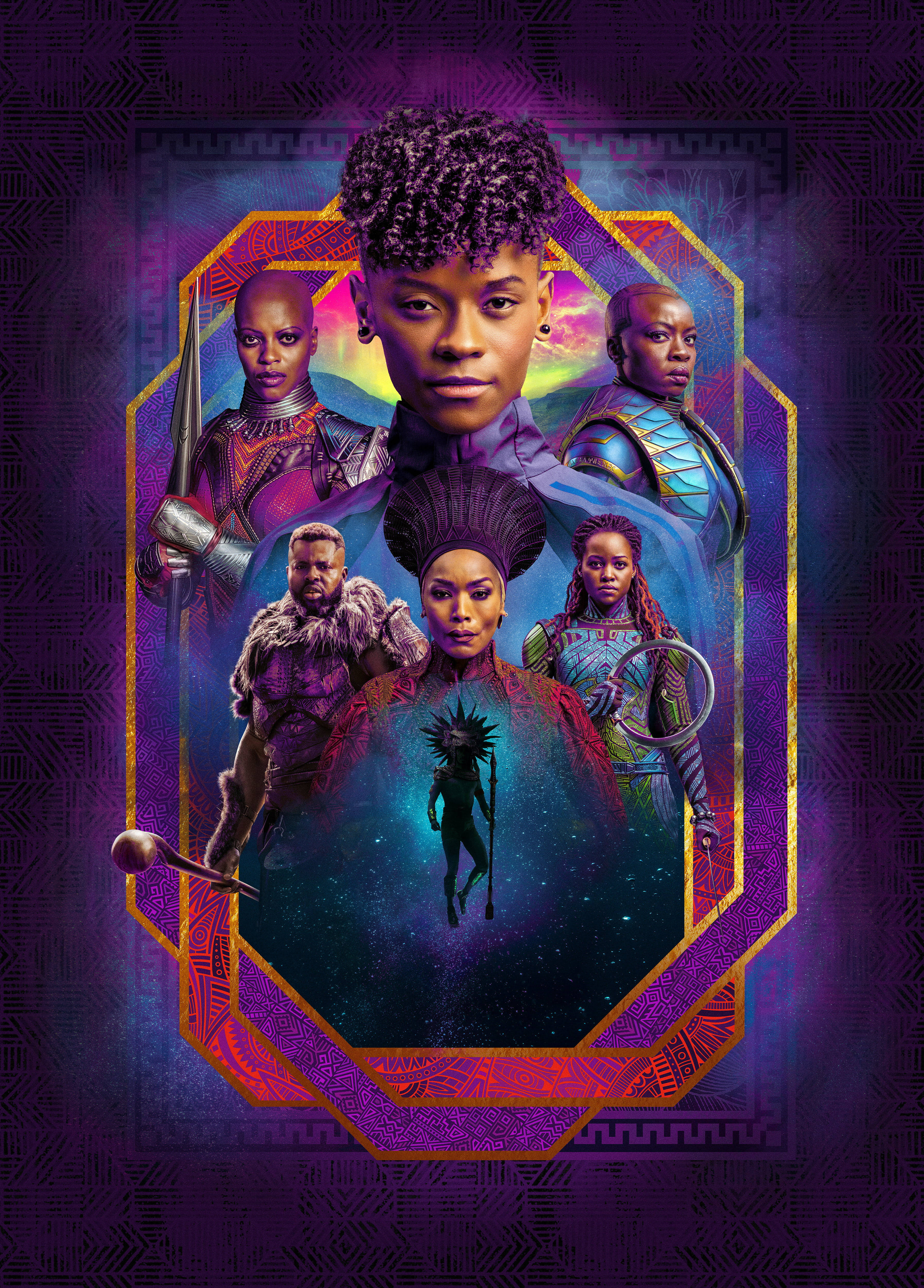 Wakanda 桌布 壁紙 — 一張充滿活力的數位藝術海報，以六個穿著未來盔甲的黑人角色為特色，背景是宇宙紫色和金色的幾何框架。
