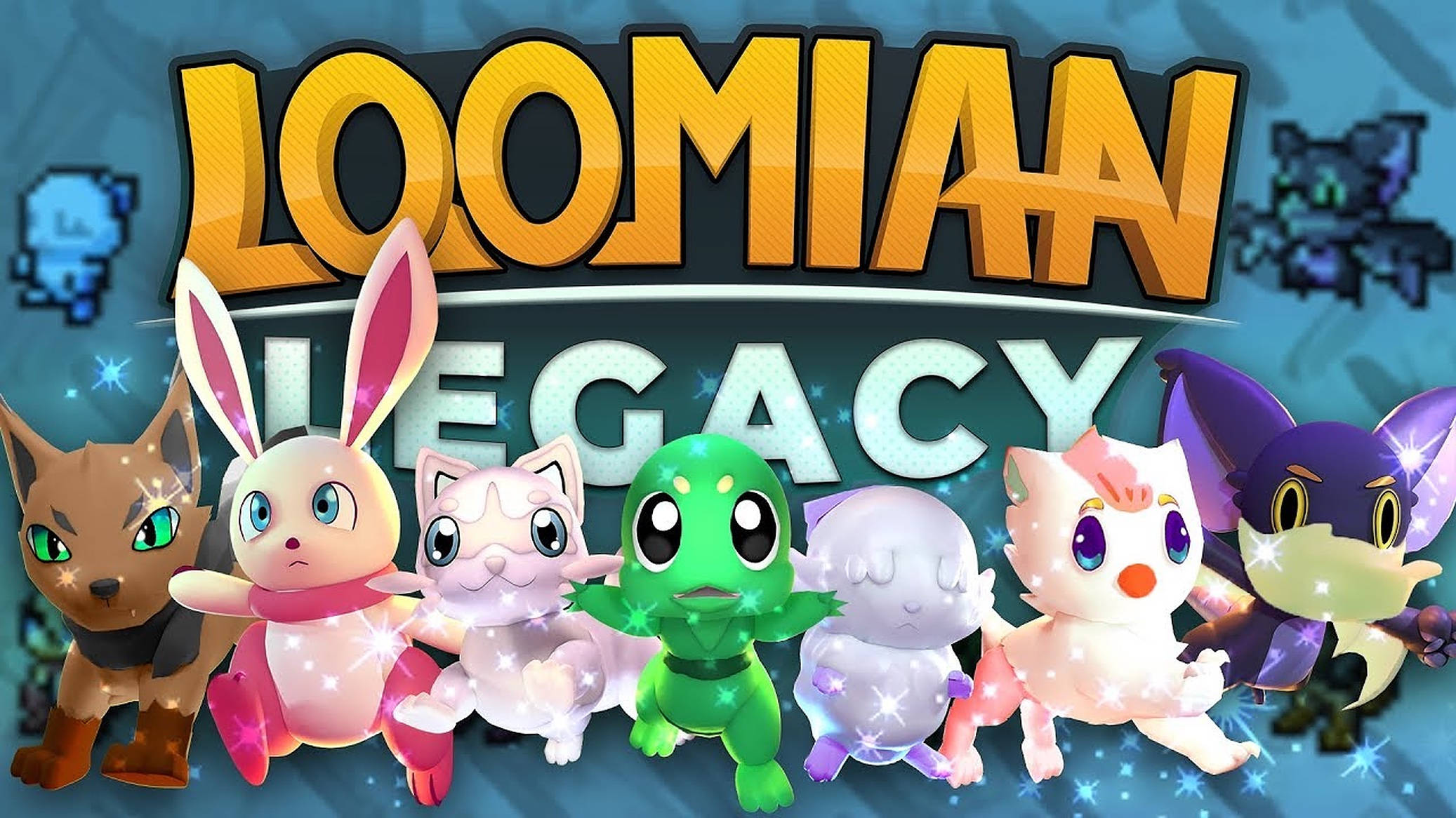 loomian legacy 桌布 壁紙 — 一張充滿活力的數位藝術海報，在粗體「LOOMIAN LEGACY」標題下，展示了七個發光的像素風格奇幻生物。