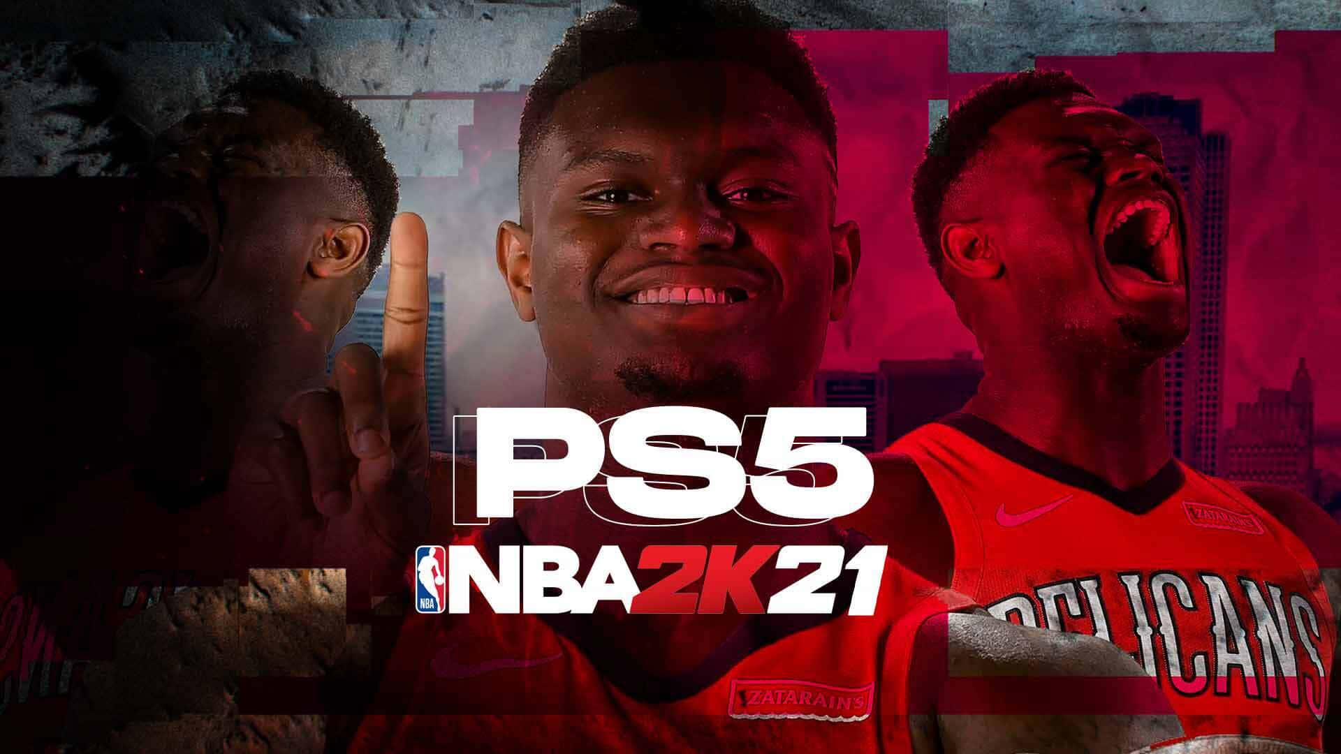 NBA 2k21 桌布 壁紙 — 一張充滿活力的數位藝術海報，展示一名身穿紅色鵜鶘隊球衣的籃球運動員，背景為粗糙的城市景觀，並帶有PS5和NBA 2K21標誌。