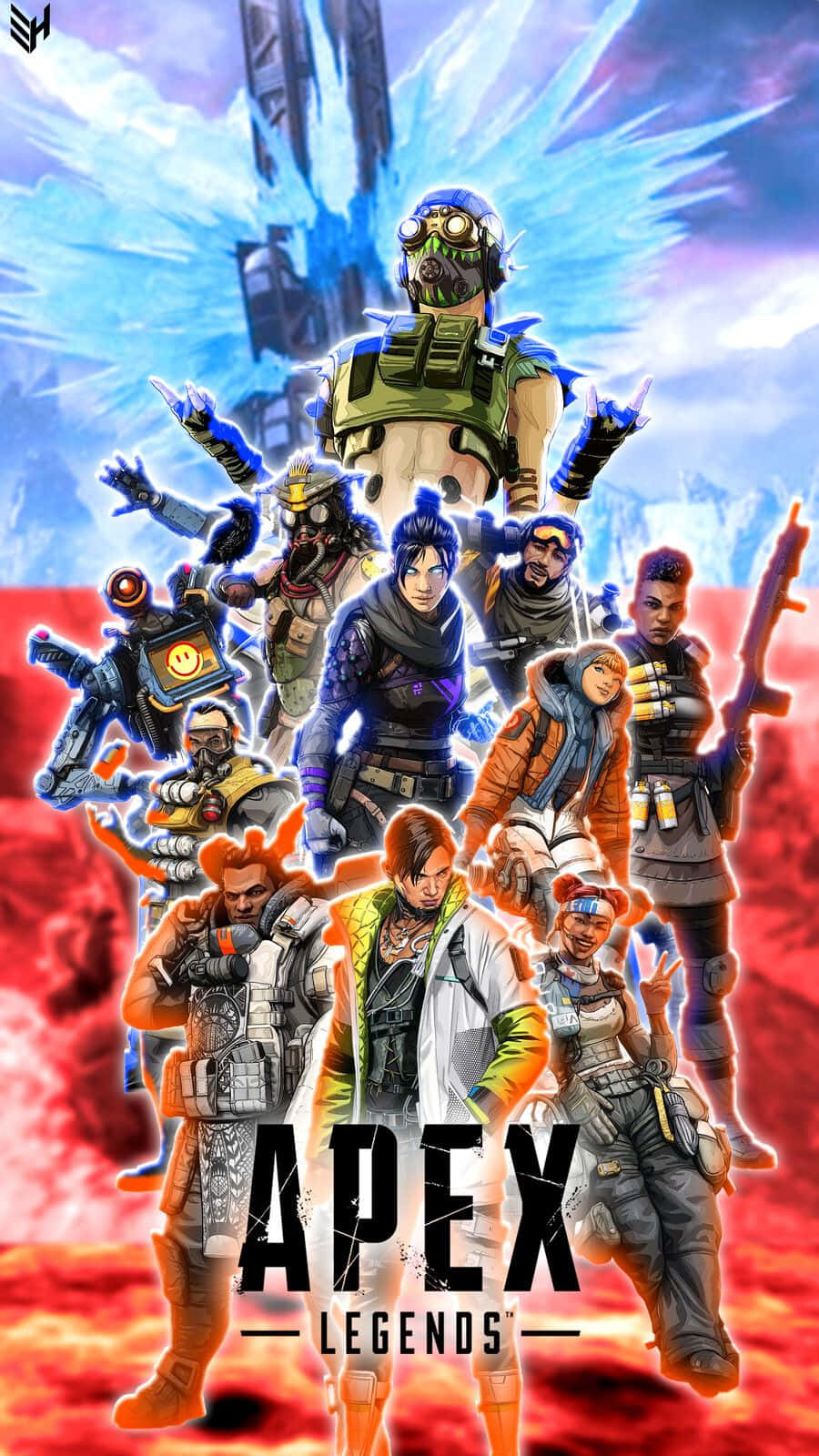 Apex 英雄 桌布 壁紙 — 一張充滿活力的數位藝術海報，展示《Apex Legends》中多樣化的裝甲角色團隊，在熾熱的紅色與冰冷的藍色戰場背景下英勇地擺出姿勢。
