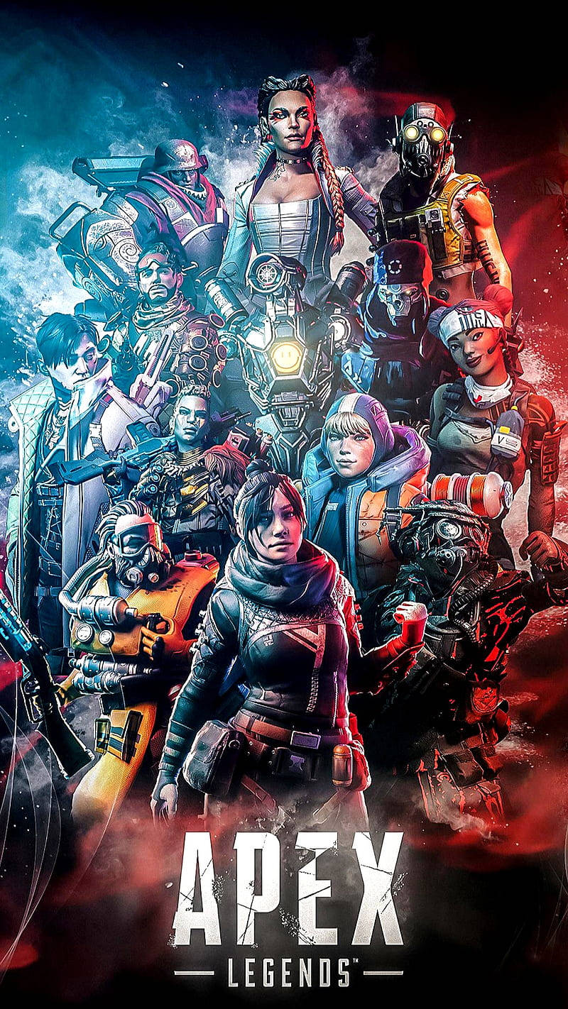 Cool Apex Legends 桌布 壁紙 — 一張充滿活力的數位藝術海報，展示來自Apex Legends的多樣化裝甲角色，在宇宙紅藍星雲背景下英勇站立。
