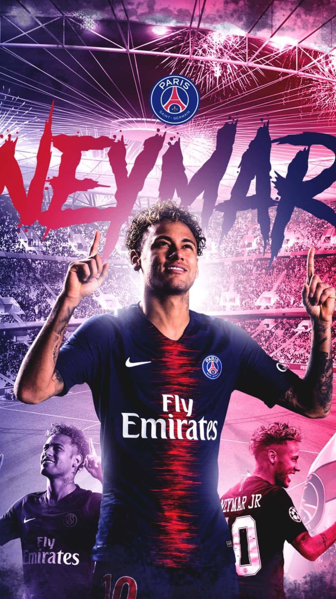 Neymar iPhone 桌布 壁紙 — 一張充滿活力的數位藝術海報，描繪內馬爾（Neymar Jr）身穿巴黎聖日耳曼球衣，背後有煙火和球場燈光慶祝。