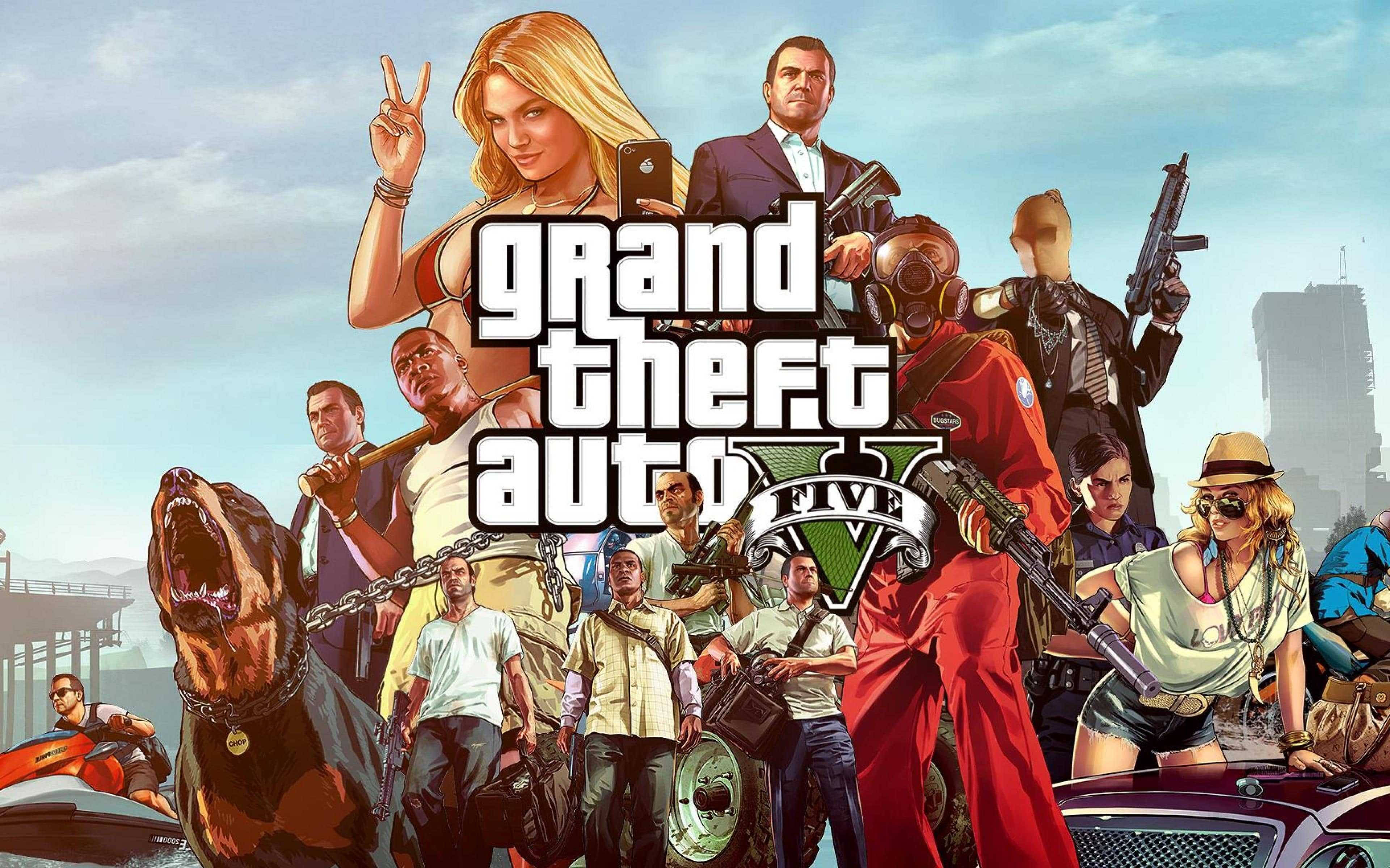 4K gta 5 桌布 壁紙 — 一張充滿活力的數位藝術海報，為Grand Theft Auto V設計， featuring 多樣角色手持武器和一隻咆哮的狗，背景是城市天際線。
