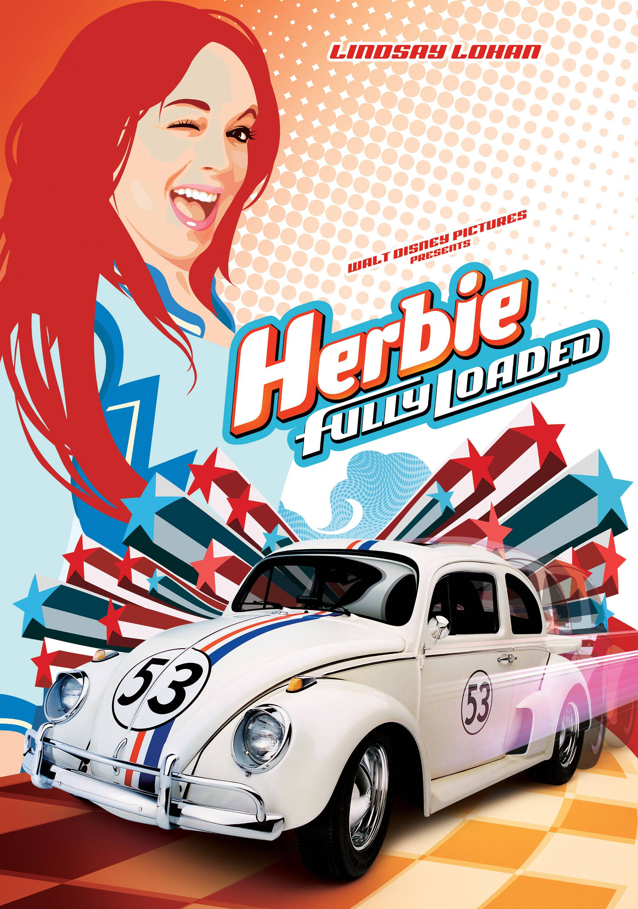 Herbie 桌布 壁紙 — 一張充滿活力的普普藝術電影海報，描繪一位紅髮微笑女子和一輛白色53號賽車，背景是棋盤地板和星爆圖案。