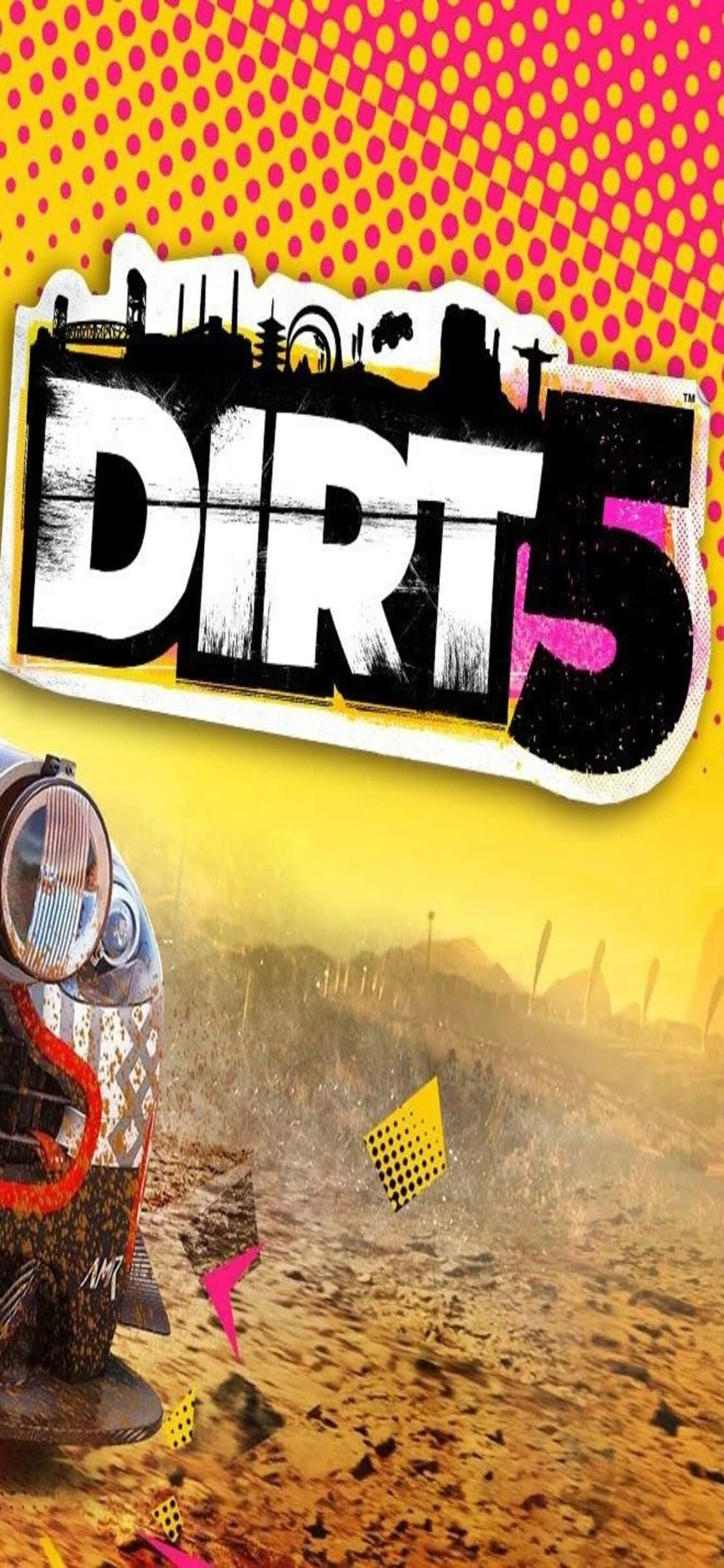 iPhone Xs Dirt Showdown 桌布 壁紙 — 一張充滿活力的流行藝術風格《Dirt 5》遊戲海報，展示一輛堅固的越野車在風格化的城市天際線前揚起灰塵。