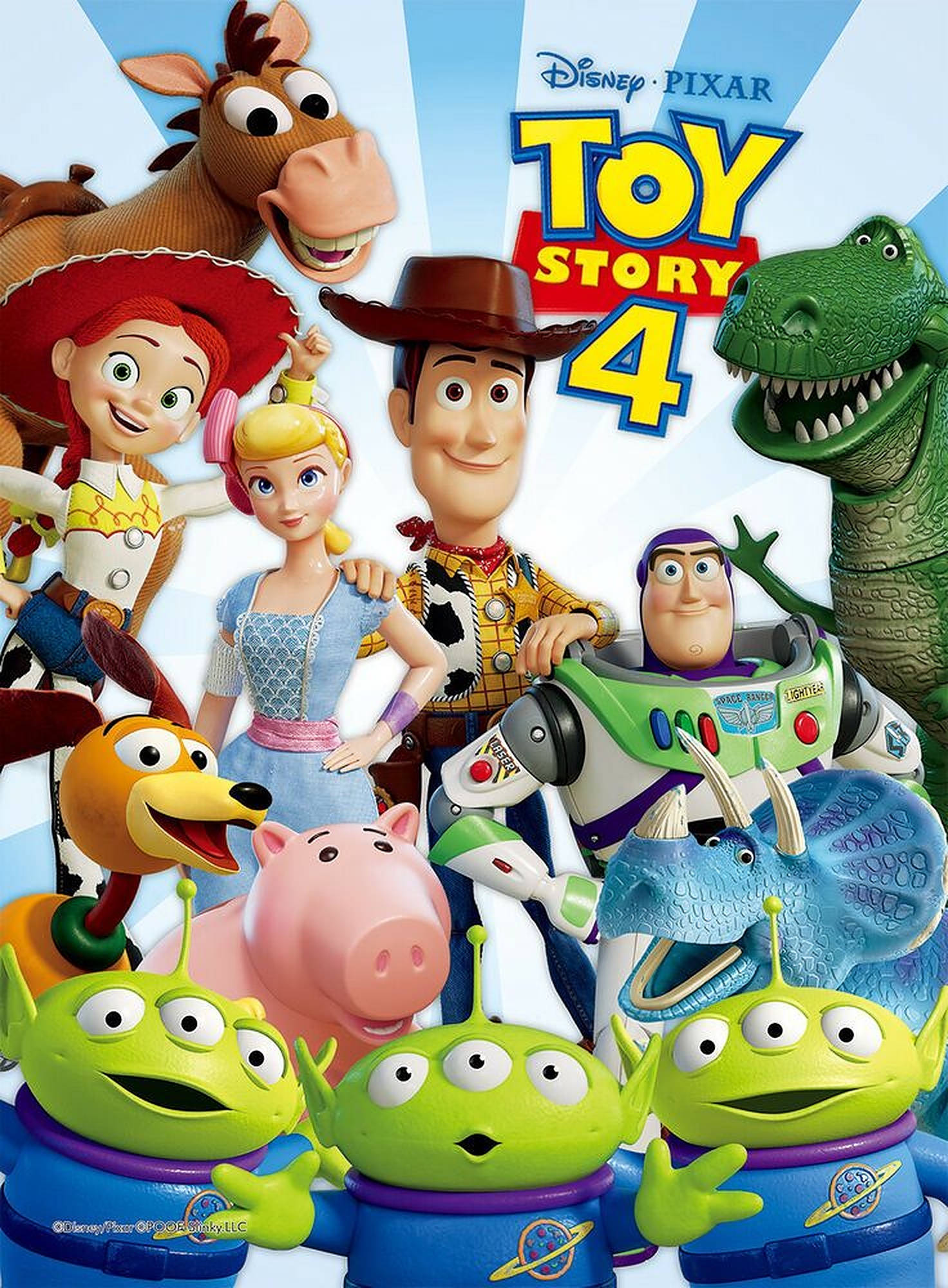Toy Story Alien 桌布 壁紙 — 一張充滿活力的海報，以Toy Story 4角色如胡迪、巴斯光年和三眼仔為特色，背景為明亮的藍色。