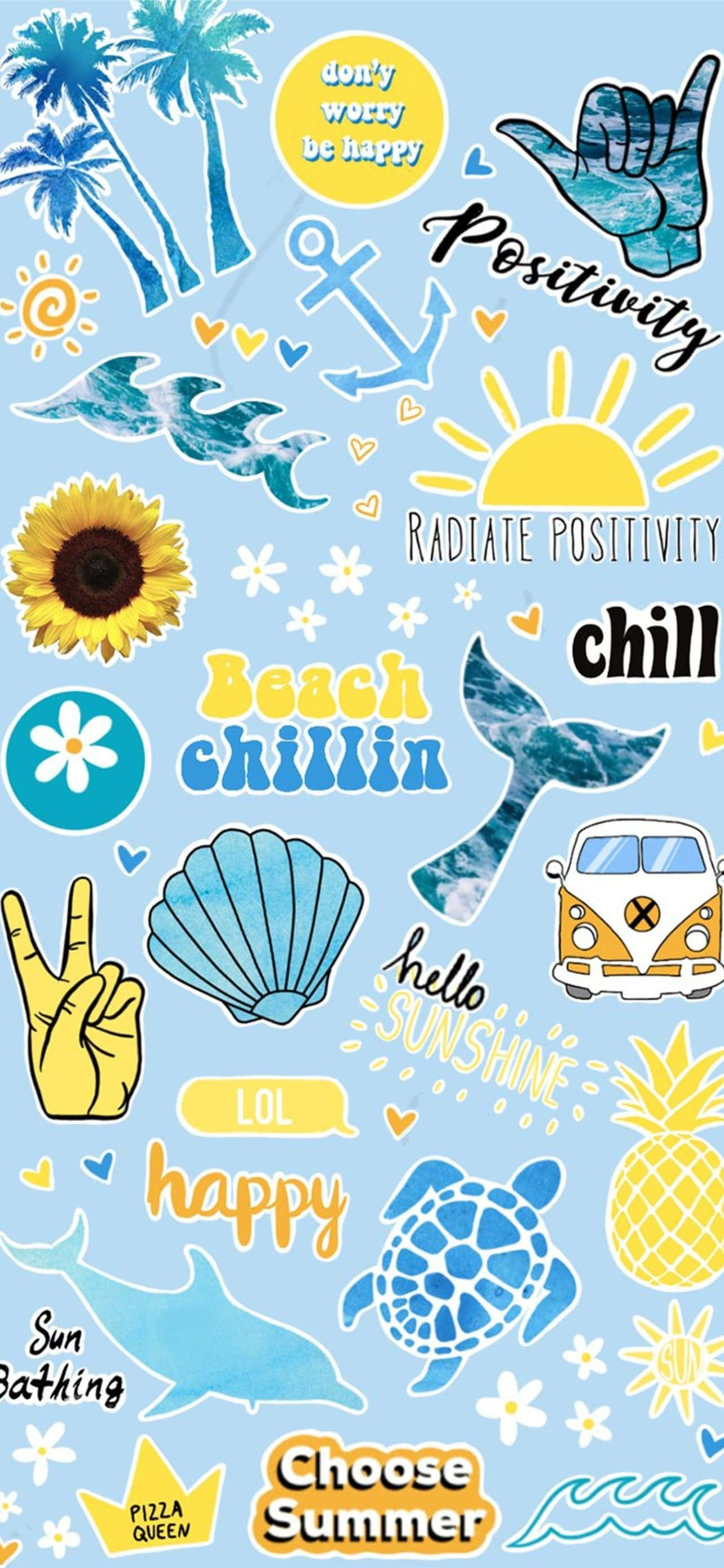 Aesthetic Blue 桌布 壁紙 — 一張充滿活力的海灘主題貼紙，上面有棕櫚樹、太陽、海龜和VW巴士，背景是淺藍色。