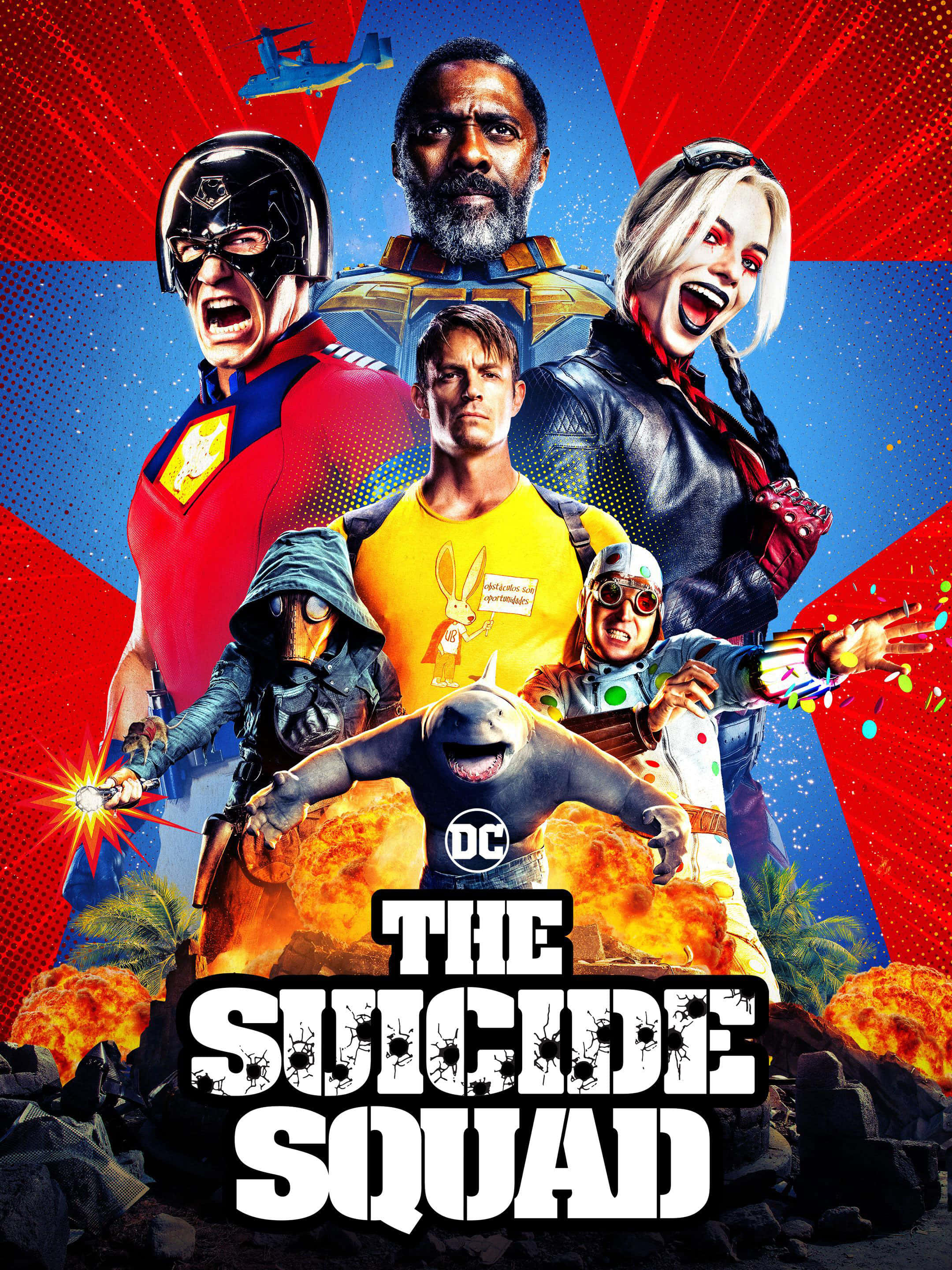 Suicide Squad 桌布 壁紙 — 一張充滿活力的漫畫海報， featuring 自殺突擊隊角色在動態動作姿勢中，背景為紅藍爆炸效果。