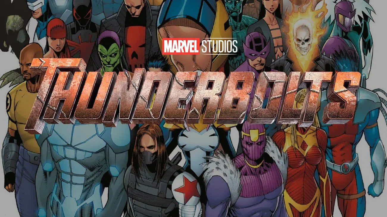 Thunderbolts 桌布 壁紙 — 一張充滿活力的漫畫海報， featuring 雷霆特攻隊，帶有粗體金屬字體和多樣化的超級英雄角色，擺出動態姿勢。