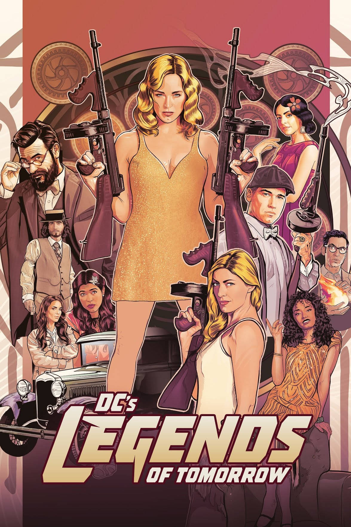 Legends 桌布 壁紙 — 一張充滿活力的漫畫海報，中央有一位金髮女子穿著金色連衣裙，手持兩把槍，周圍是穿著復古服裝的各種角色。