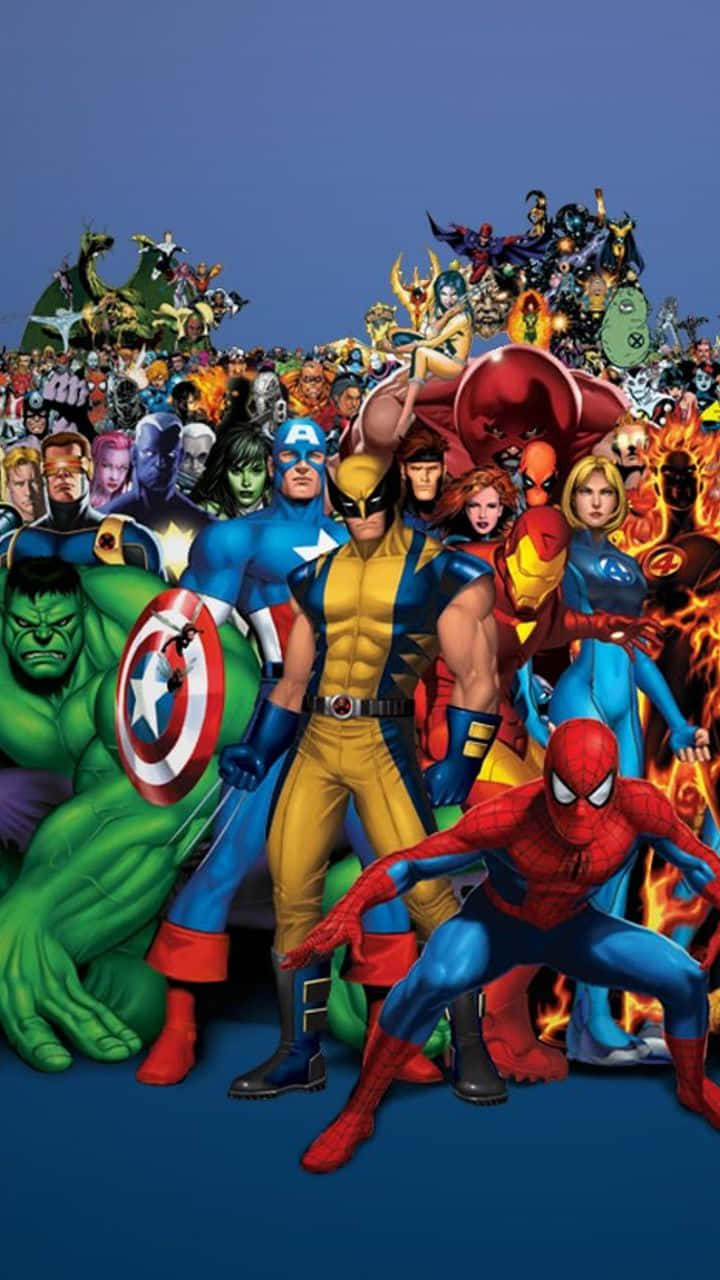 漫威 桌布 壁紙 — 一張充滿活力的漫畫風格團體照，蜘蛛人、浩克和美國隊長等標誌性超級英雄在藍色背景前英勇地擺出姿勢。