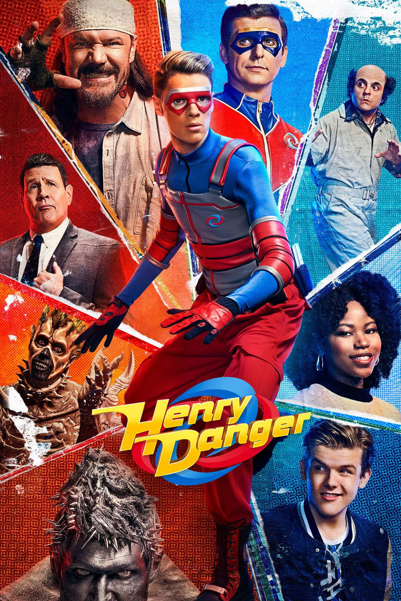 nickelodeon 桌布 壁紙 — 一張充滿活力的漫畫風格海報，展示超級英雄亨利·危險被他的多元角色和反派以動態姿勢包圍。