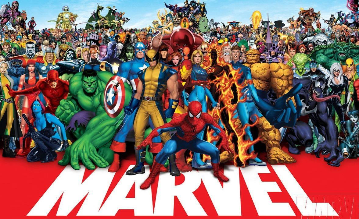 4K Marvel 壁紙 桌布 壁紙 — 一張充滿活力的漫畫風格群體照，數百位Marvel超級英雄和反派在紅色背景上一起擺姿勢，並以粗體白色字母寫著「MARVEL」。