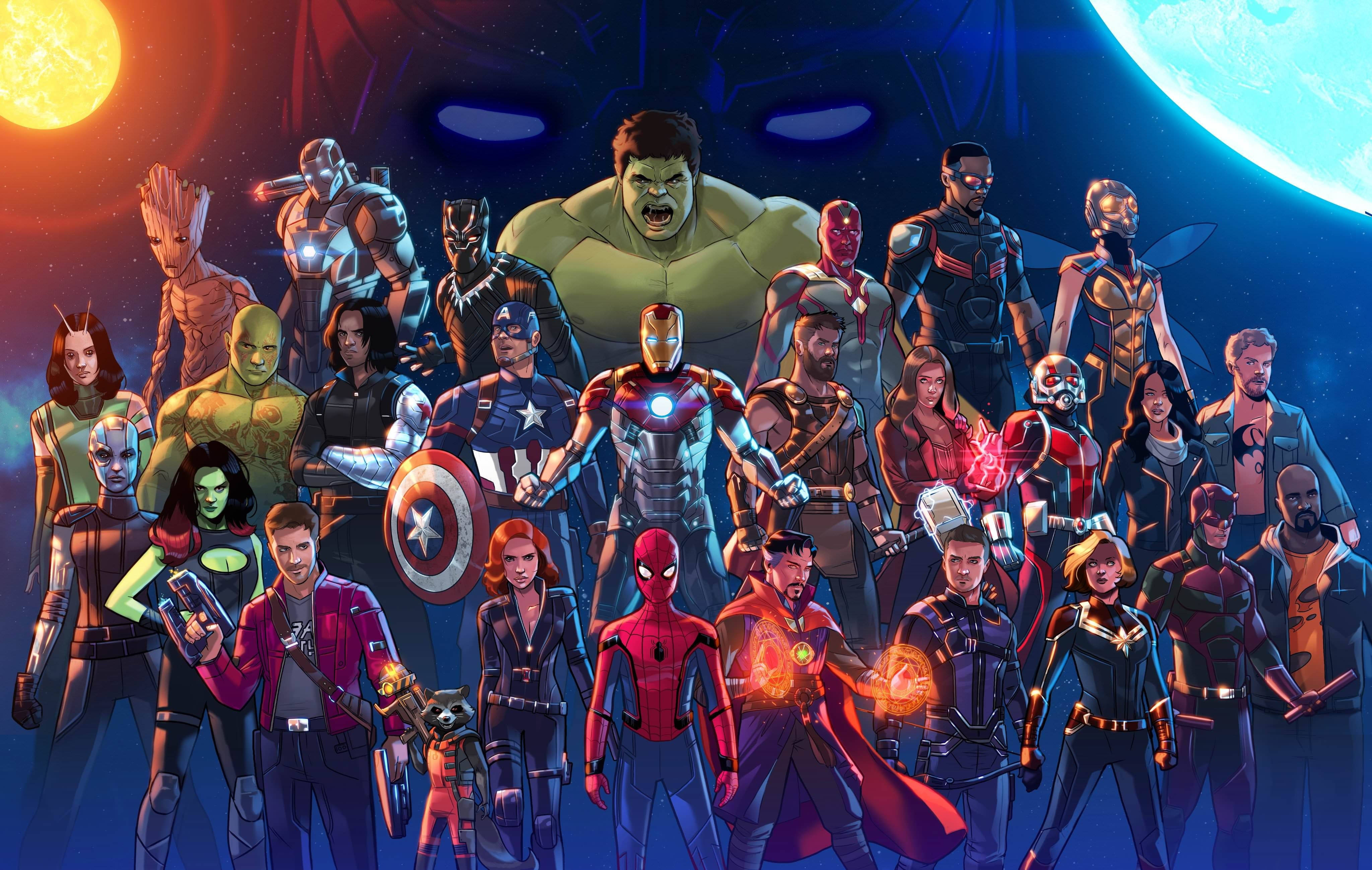 4K Marvel 壁紙 桌布 壁紙 — 一張充滿活力的漫畫風格群體照，漫威超級英雄在發光行星的宇宙背景下英勇站立。