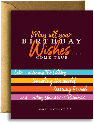 card 桌布 壁紙 — 一張充滿活力的生日卡，上面有俏皮的文字，內容關於中獎、環遊世界以及騎著獨角獸在彩虹上。