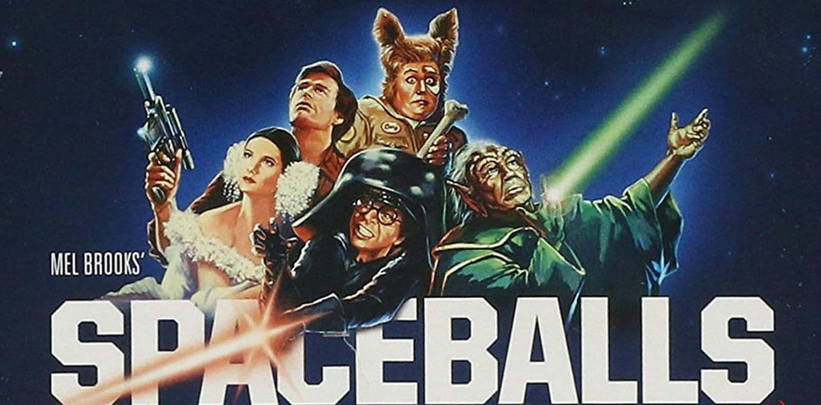 spaceballs 桌布 壁紙 — 一張充滿活力的科幻電影海報， featuring Mel Brooks 的 Spaceballs，角色穿著太空服，雷射光束在星空背景下。