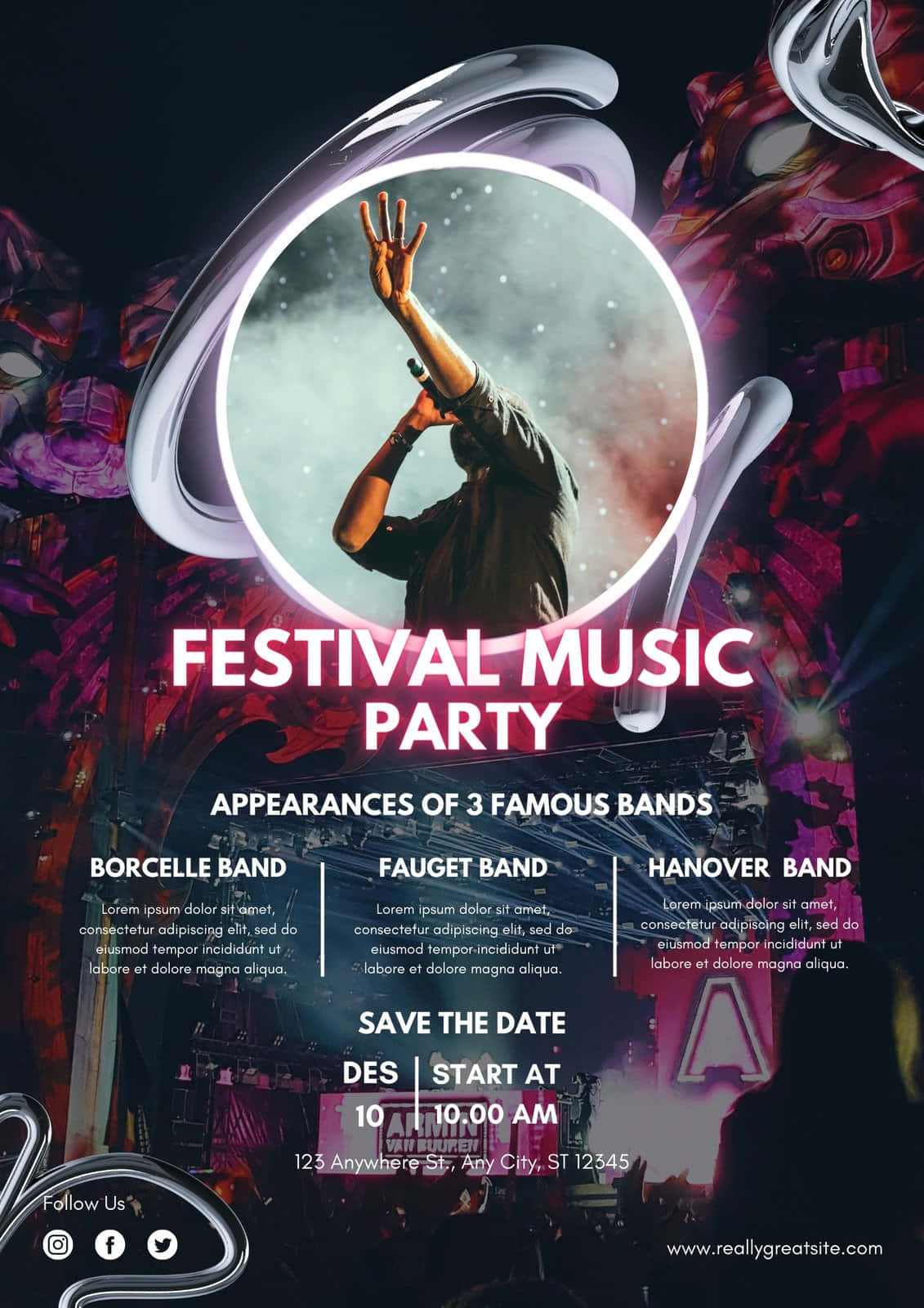 Party 桌布 壁紙 — 一張充滿活力的節日海報，特色是剪影表演者在發光的燈光下舉起雙手，並附有樂隊名稱和活動詳情。