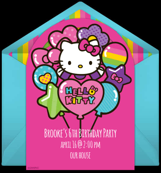 Hello Kitty 桌布 壁紙 — 一張充滿活力的粉紅色Hello Kitty生日邀請函，配有彩色氣球和歡樂的卡通貓設計。