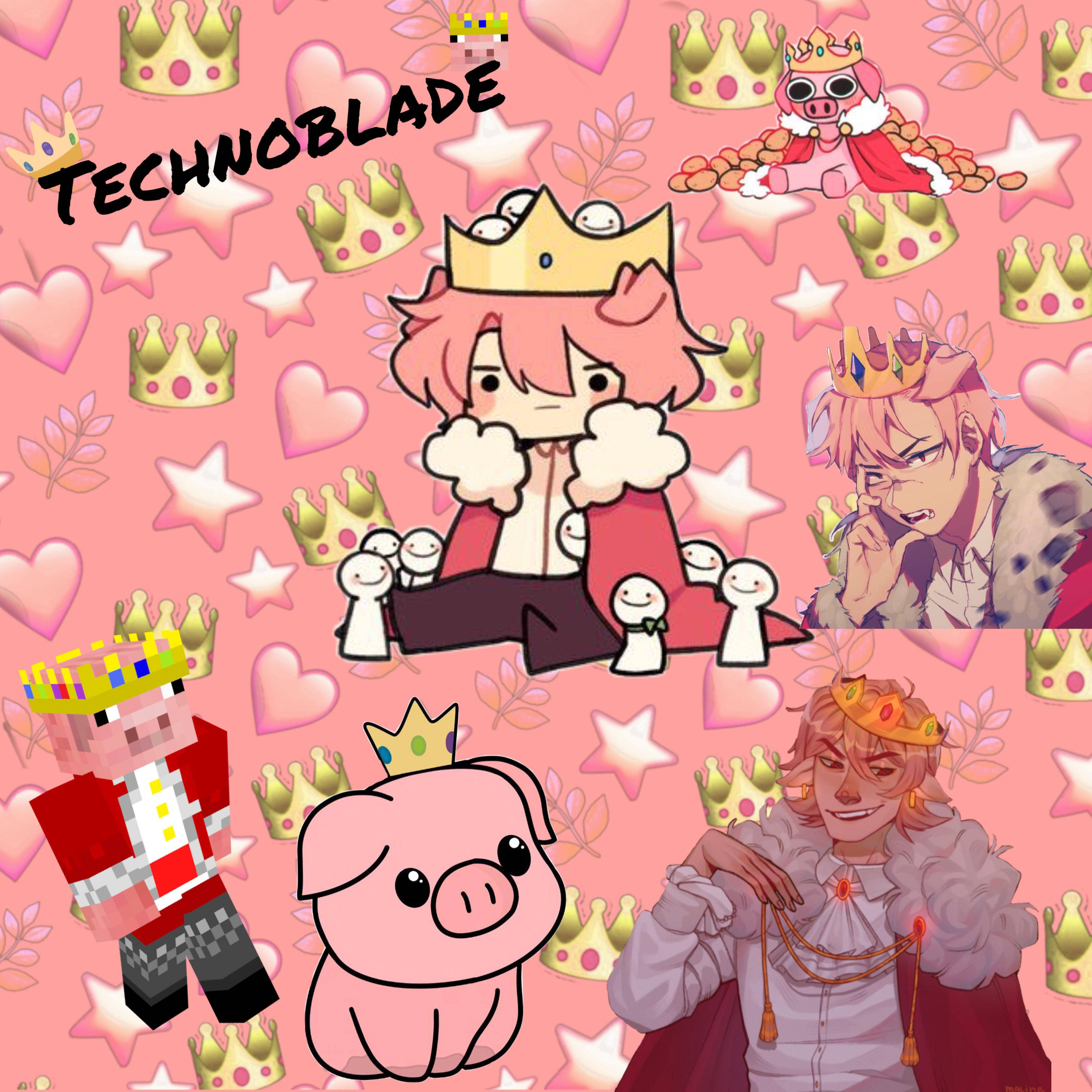 technoblade 桌布 壁紙 — 一張充滿活力的粉紅色壁紙， featuring Technoblade 和 Minecraft 角色戴著皇冠，被心形和星星包圍。
