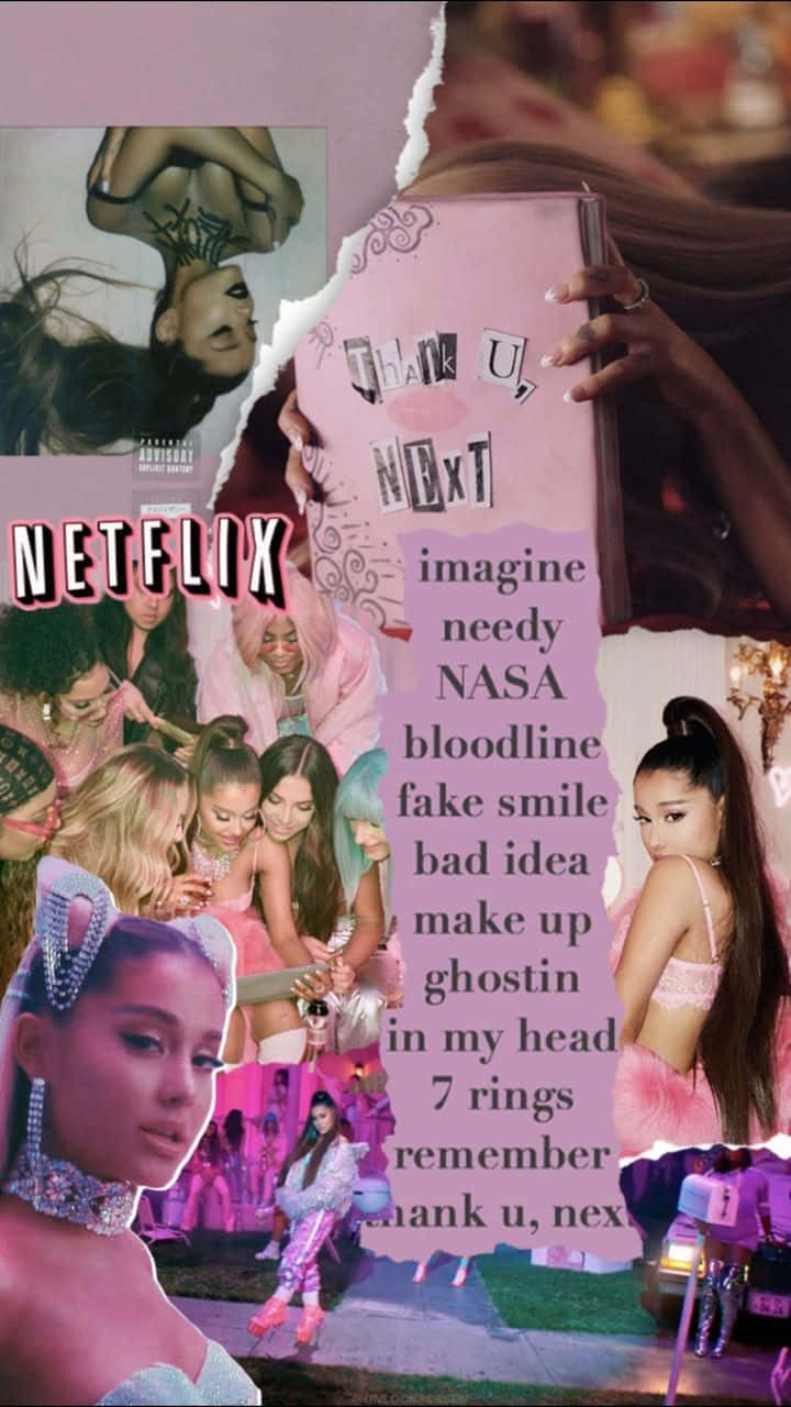 Ariana Grande Aesthetic 桌布 壁紙 — 一張充滿活力的粉紅色拼貼畫， featuring Ariana Grande 以不同姿勢出現，帶有文字疊加和 Netflix 品牌標誌。