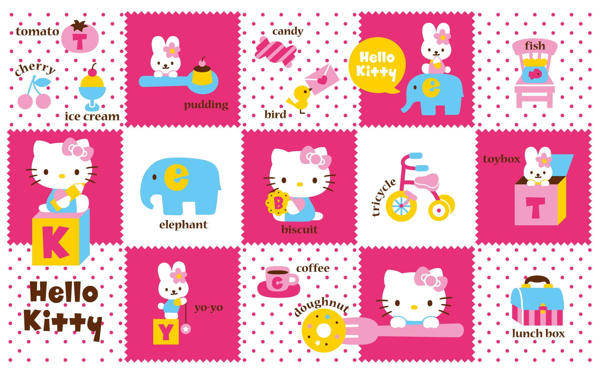 Hello 桌布 壁紙 — 一張充滿活力的粉紅色桌布拼貼畫， featuring Hello Kitty 和朋友們，配有有趣的玩具食物和字母積木。