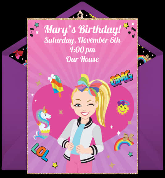 JoJo Siwa 桌布 壁紙 — 一張充滿活力的粉紅色生日邀請函， featuring JoJo Siwa 配彩虹髮帶和獨角獸，周圍環繞著星星和流行文化圖標。